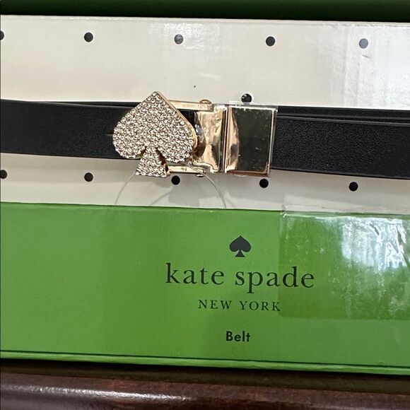 kate spade L/XL Black White Interior Pale Gold Tone Jeweled Spade Skinny Belt main image 7